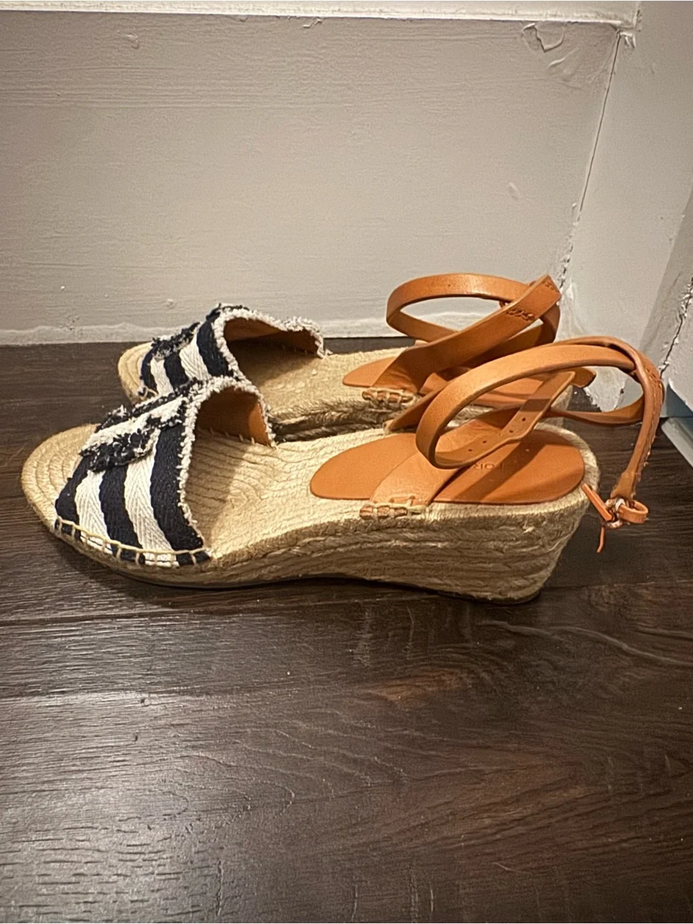 Tory Burch Navy & Tan Striped Logo Espadrille Sandals